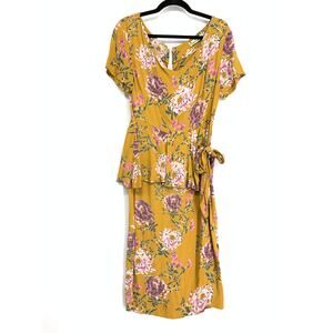 Loco Linda Dress Womens XS Floral Print Retro Midi Tie Waist Short Sleeve Yellow